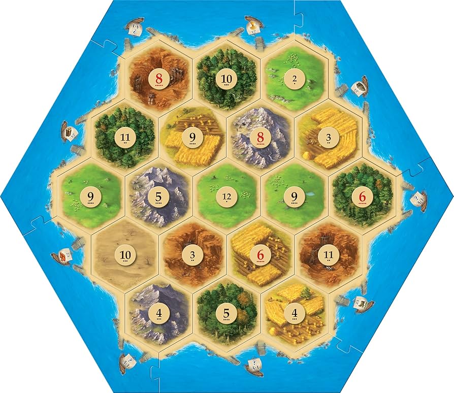 Catan base game board with hex tiles, number tokens, and harbors